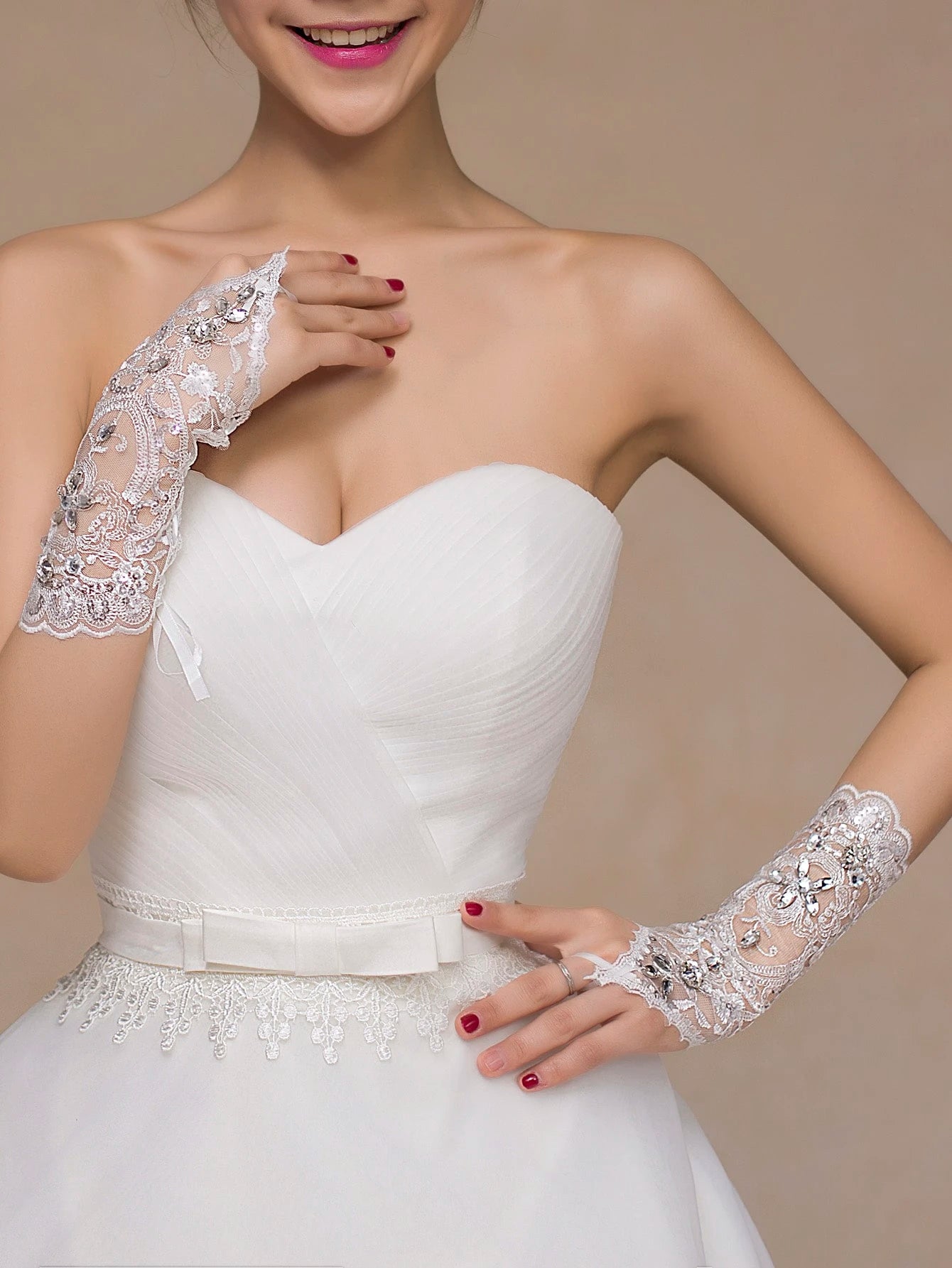 1 pc. ๐ค Lace Bridal Glove with โจ Rhinestone Decoration, White, with ๐ Imitation Pearls & Transparent ๐งค Long Bridal Glove Accessory