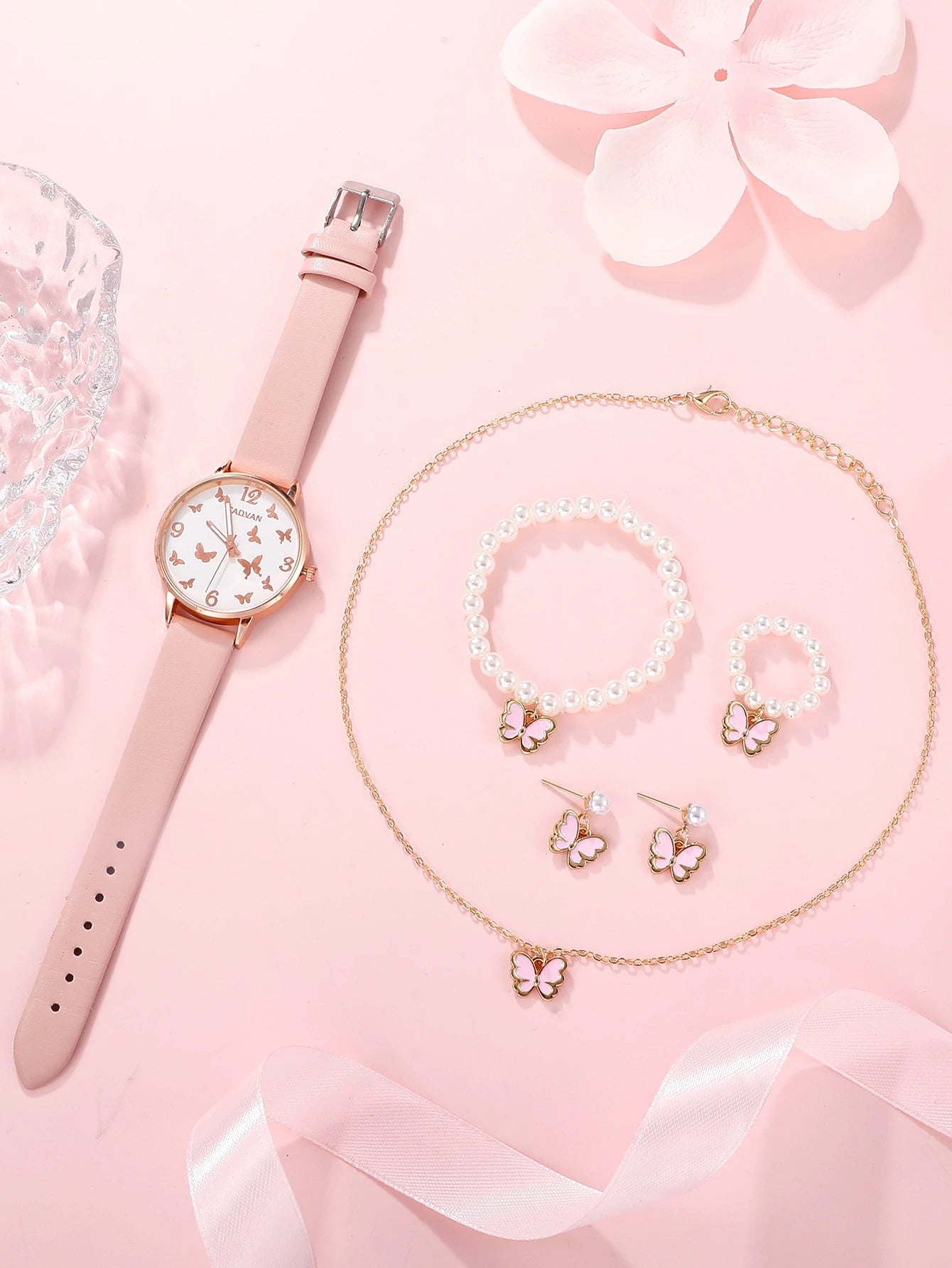 CADVAN 1x Horloge met Vlinderdetail & 5-delige Armbandenset – Voor Tienermeisjes