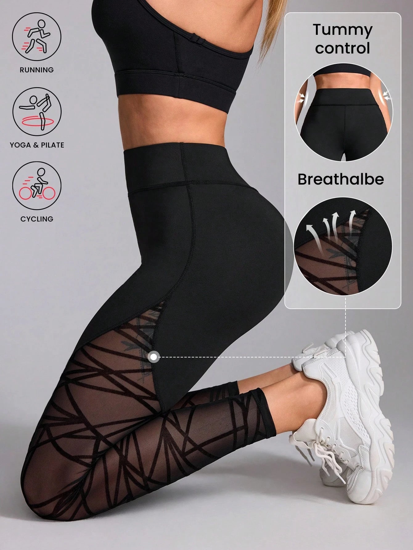 Zwarte sportlegging met hoge taille en niet doorschijnende mesh versiering