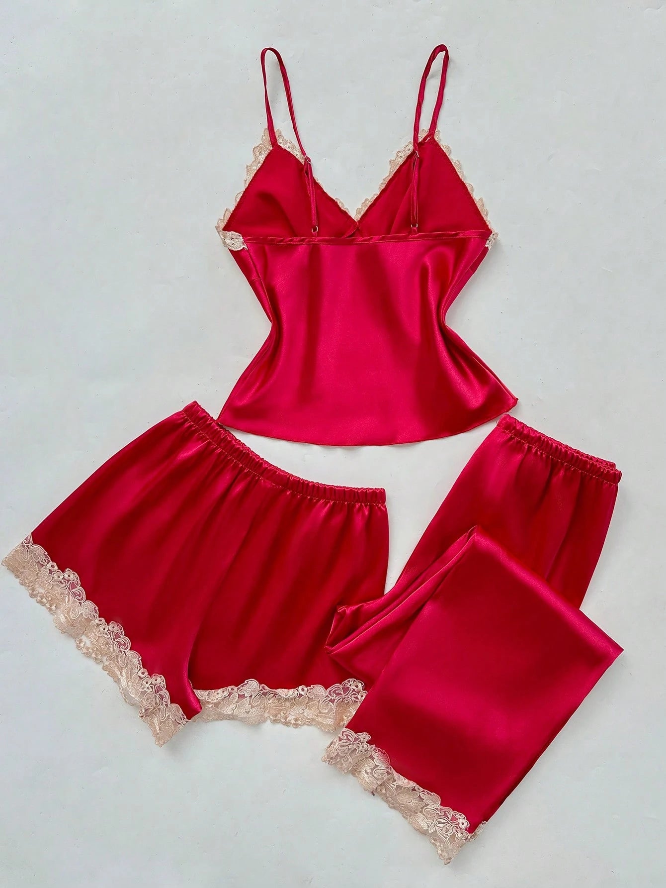 Bordeaux rode 3-delige pyjama set met kant