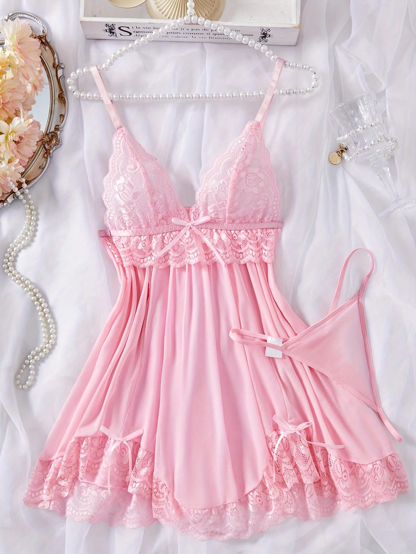 2-delige Dames Sexy Effen Nachtjurk Set – V-hals Rugloze Asymmetrische Cami Jurk & String, Comfortabele Nachtkleding