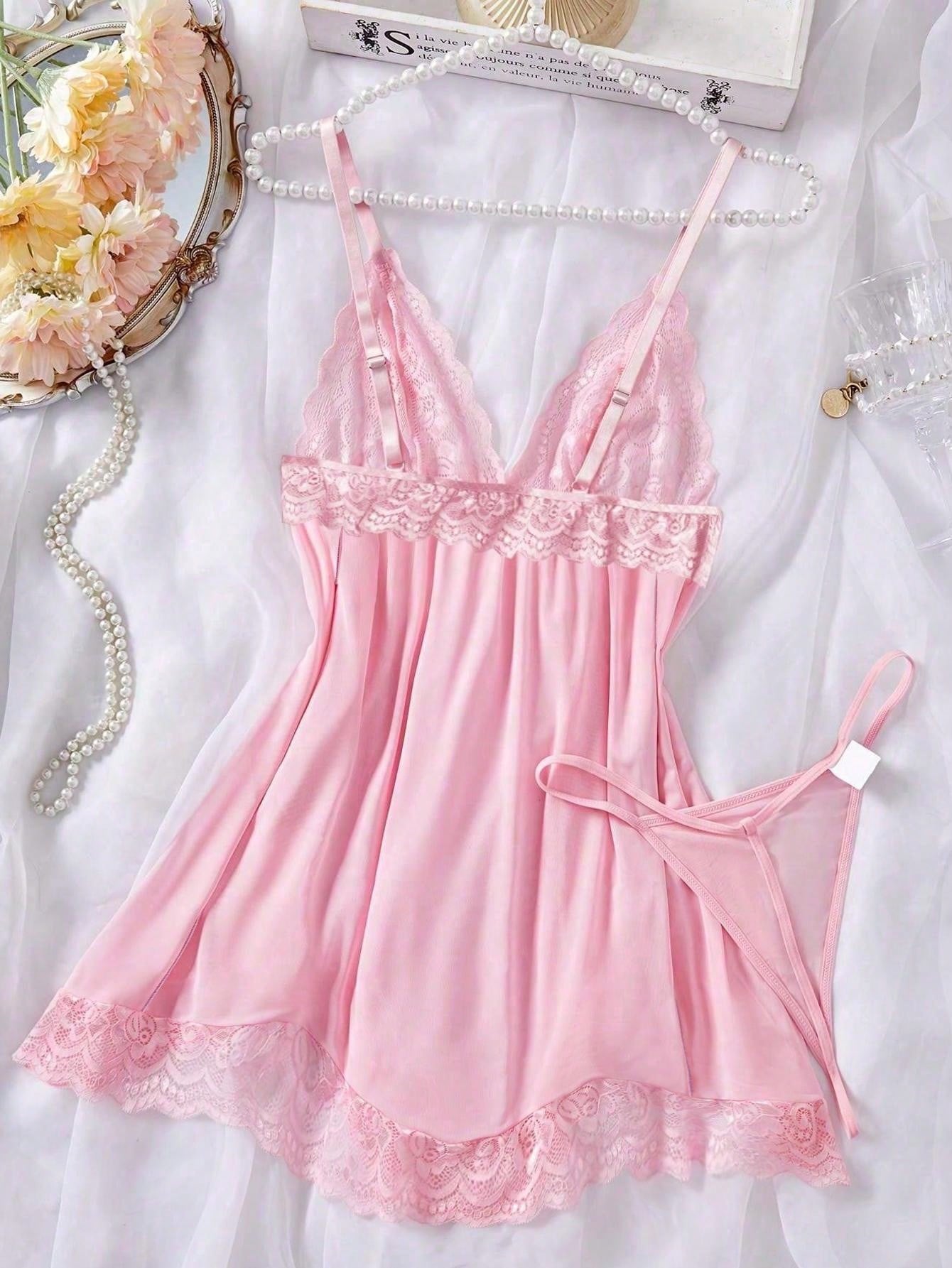 2-delige Dames Sexy Effen Nachtjurk Set – V-hals Rugloze Asymmetrische Cami Jurk & String, Comfortabele Nachtkleding