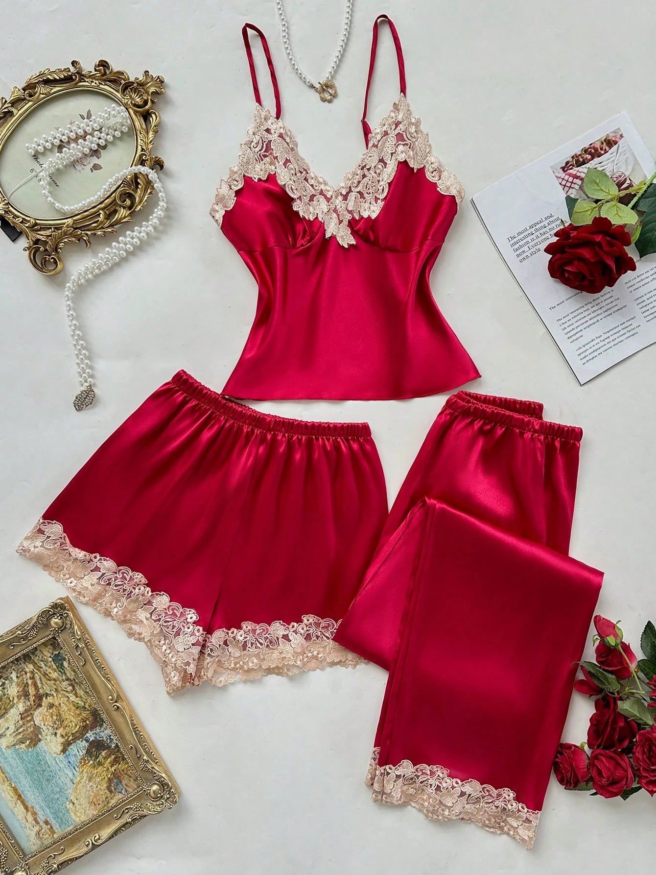 Bordeaux rode 3-delige pyjama set met kant